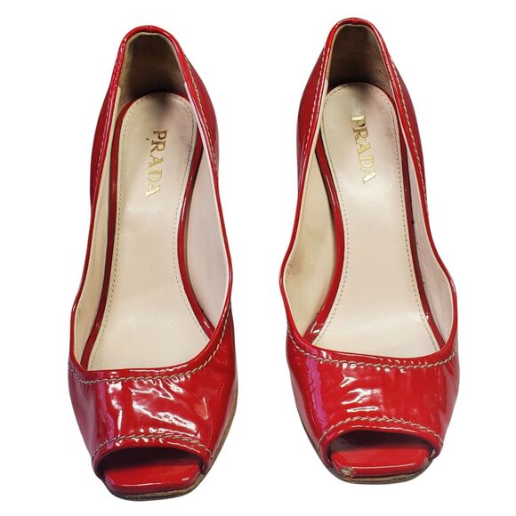 Prada Red Patent Leather Wedge Peep Toe Heels Women Shoe 36.5 US 6.5 - Picture 2 of 12